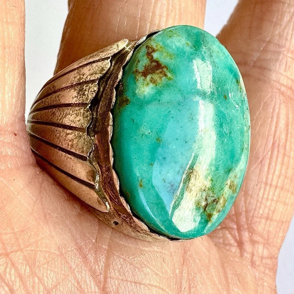 Big Navajo Mens Turquoise‎ Ring Sz 11 Signed Alvery Smith Fans 23g Band Oval